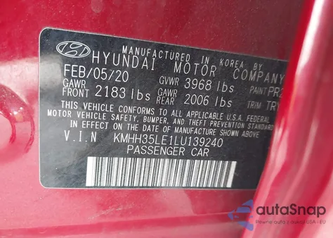 2020 Hyundai Elantra Gt из США, поврежденный, VIN KMHH35LE1LU139240